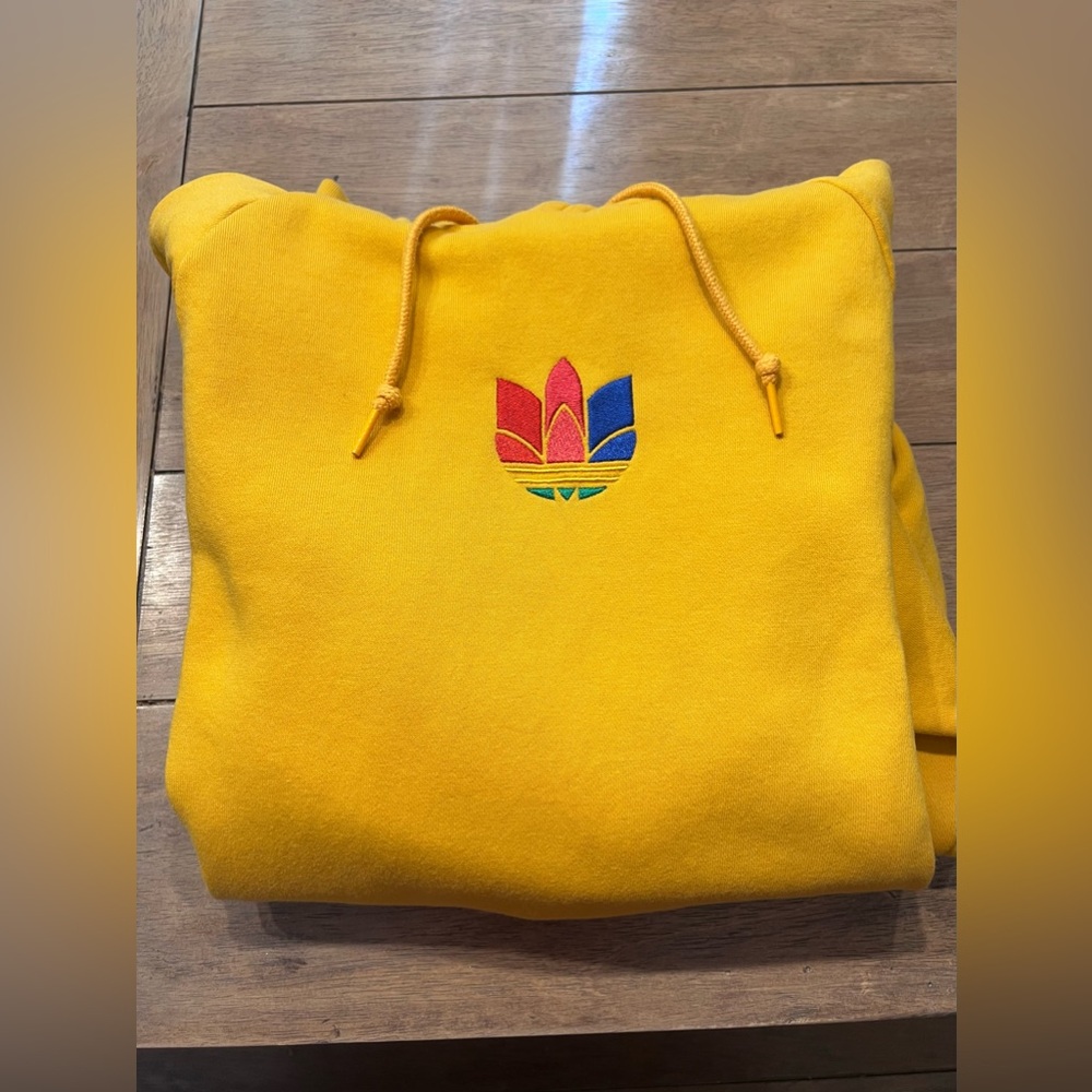 Adidas Originals Yellow Trefoil Graphic Sweat Hoodie Active Gold Mens Size M - Picture 4 of 5